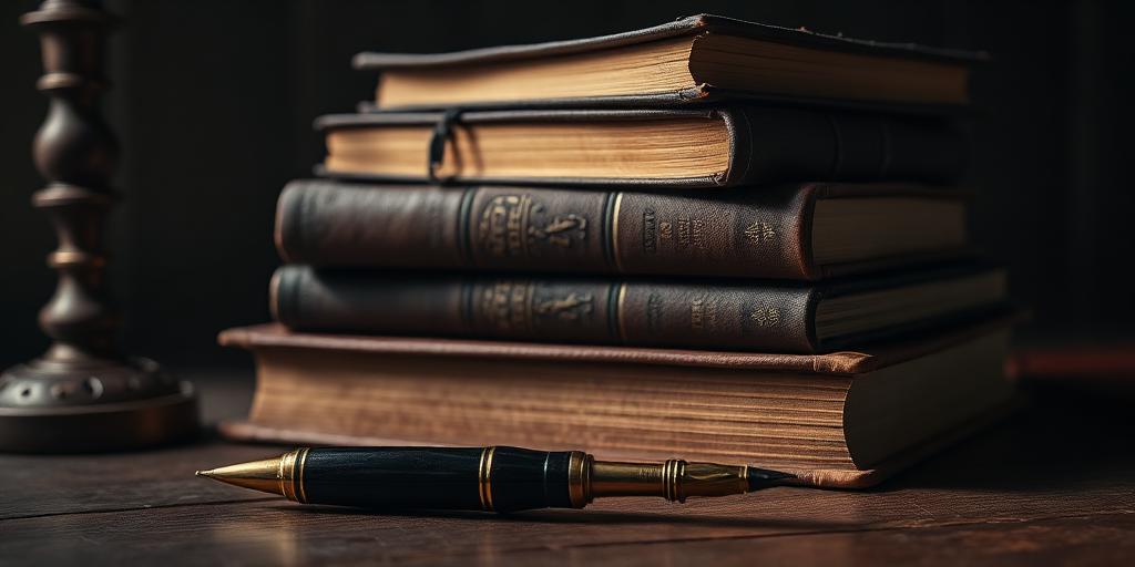 Stack of antique law books with fountain pen