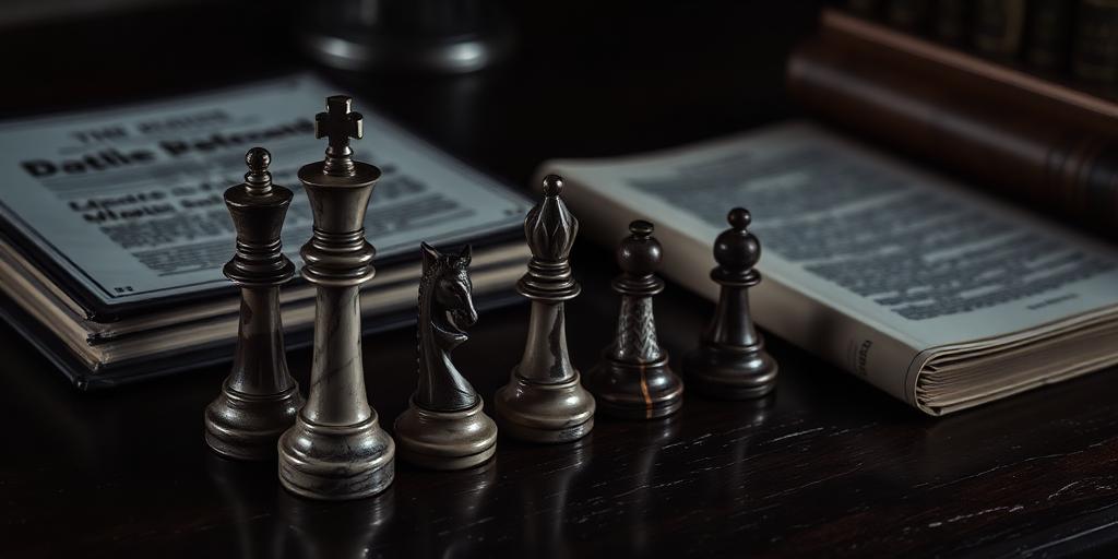 Chess pieces beside open legal text