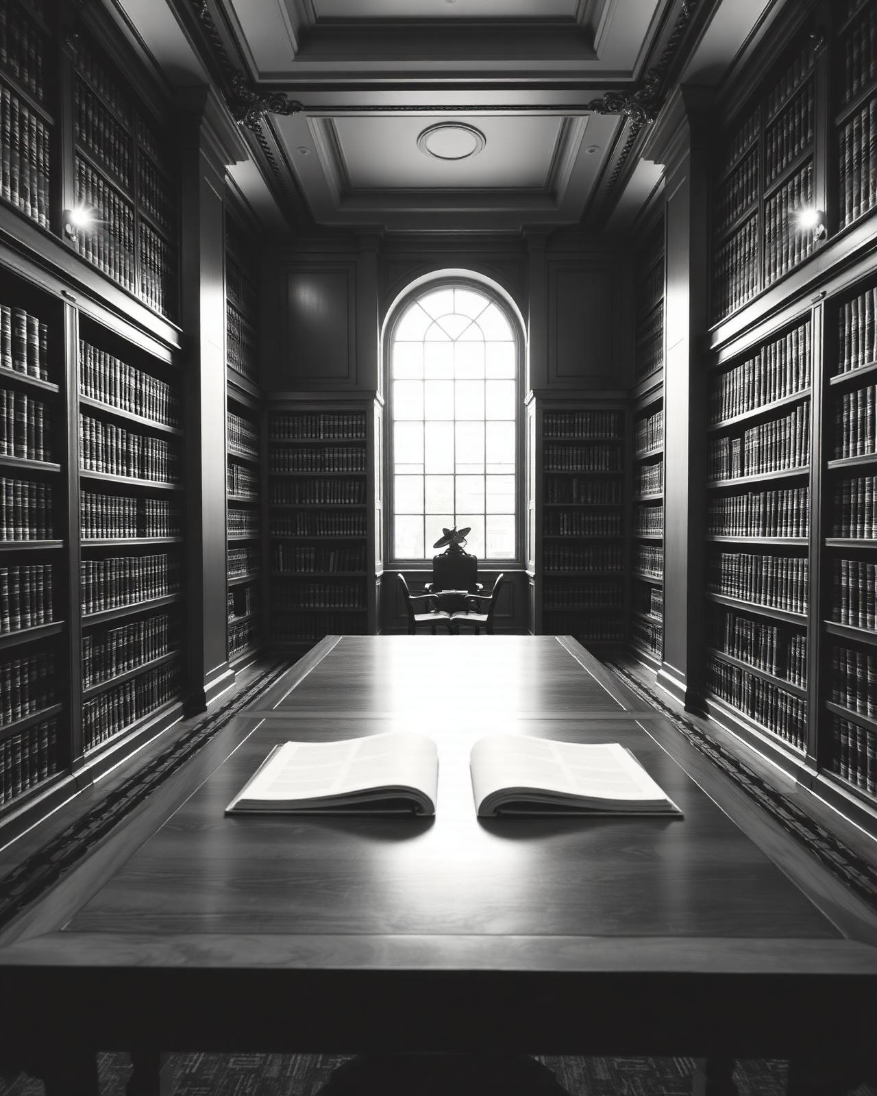 Stately law library with leather-bound legal volumes